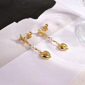 Louis Vuitton Gold Heart Drop Earrings with Pearl Accent